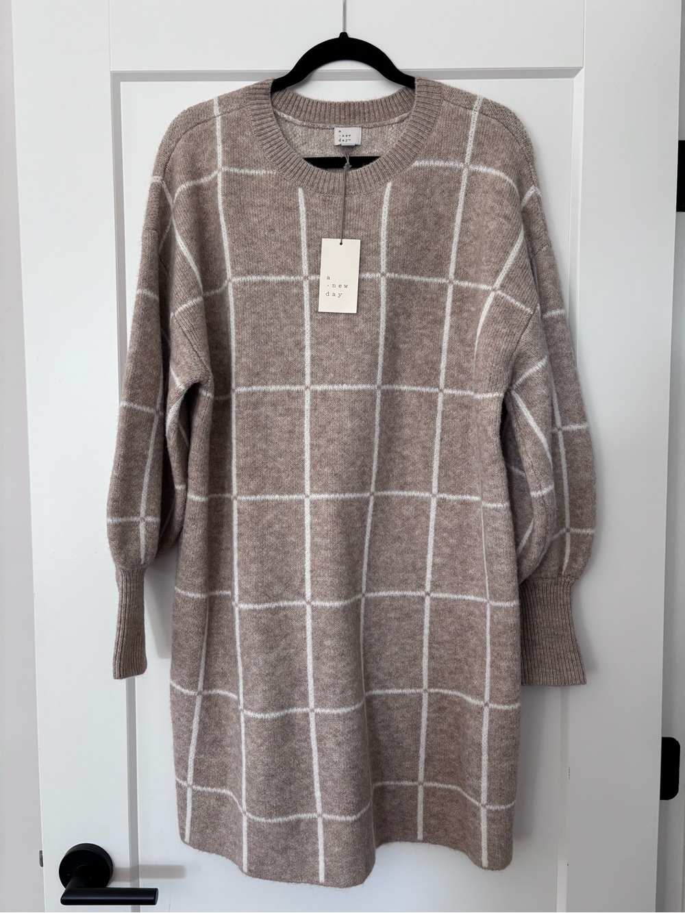 a new day Taupe & White Windowpane Sweater Dress